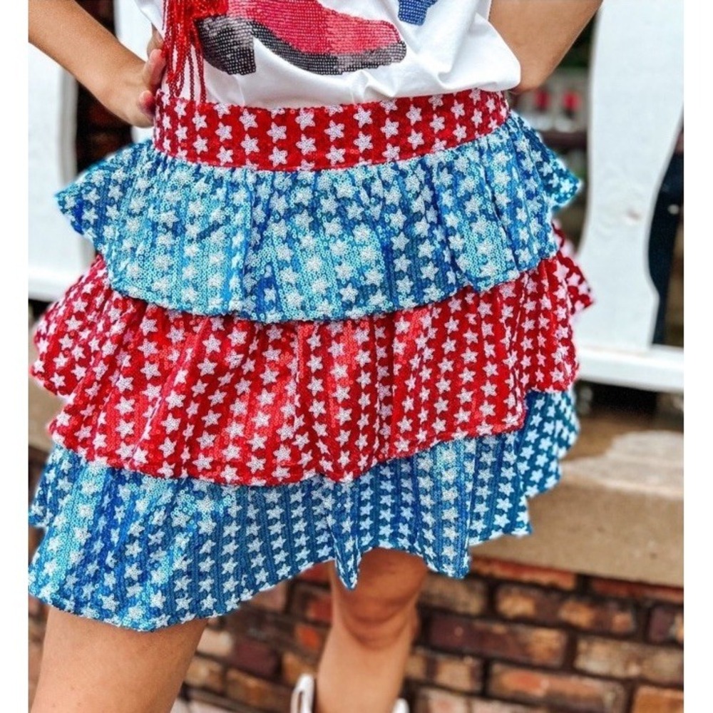 Queen of Sparkles Star Skort Red White Blue Sequin Tiered USA July 4th Sz XXL